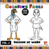 Falcon characters in lab coats for a coloring book, featuring vibrant colors on one side and a black-and-white outline on the other.