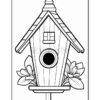 A detailed black and white illustration of a birdhouse with a sloped roof and circular entrance, surrounded by flowers and leaves on either side, set against a plain background.