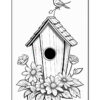 A black and white illustration of a birdhouse adorned with flowers at its base and a small bird perched on the roof.