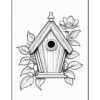 A black and white illustration of a birdhouse surrounded by flowers and leaves, featuring a pointed roof and a circular entrance.