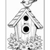 A black and white illustration of a birdhouse with a bird perched on the roof, surrounded by flowers and leaves at the base.