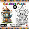 Floral teapot fairy houses coloring pages from artcoloringpage.com, showcasing vibrant art on one side and a black and white design on the other.