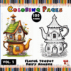 Coloring pages featuring floral teapot fairy houses from a coloring book, with colorful illustrations and black-and-white outlines.
