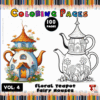 Floral teapot fairy houses coloring pages from artcoloringpage.com, featuring a colorful teapot illustration and a black-and-white outline.