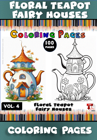 Floral teapot fairy houses coloring pages from artcoloringpage.com, featuring a colorful teapot illustration and a black-and-white outline.