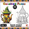 Floral teapot fairy houses coloring pages from a coloring book, featuring a colorful teapot and a black-and-white outline version, artcoloringpage.com.