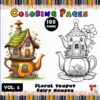 A whimsical illustration of floral teapot fairy houses, showcasing a colorful design on one side and a black-and-white outline for coloring on the other, promoting coloring pages from artcoloringpage.com.