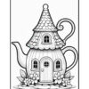 A whimsical illustration of a teapot designed to resemble a small house, featuring a pointed roof with shingles, a door with two windows, and decorative flowers at the base.