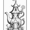 A whimsical teapot designed to resemble a house, featuring a curved spout, a pointed roof with a decorative finial, and windows on the body. Surrounding the teapot are flowers and a small garden element on the ground.