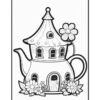 A whimsical illustration of a teapot-shaped house with a pointed roof, windows, and a door, surrounded by flowers and a large flower on top of the teapot spout.