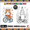 Funny animal festive coloring pages featuring a hamster on a bicycle and a penguin, promoting artcoloringpage.com with 100 printable pages.