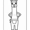 A cartoon llama standing upright with a confident posture, wearing denim overalls, and with its hands on its hips. The llama has a friendly face and cartoonish features, including large eyes and a smile, with a simple design and an outline style suitable for coloring.