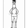 A cartoon llama standing upright, wearing a simple shirt. The llama has a friendly expression and distinct features like long ears and a fluffy mane.