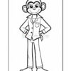 A cartoon monkey character standing with a smile, wearing a collared shirt and pants, with a pocket on the shirt and a playful pose, depicted in an outline for coloring.