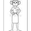 A cartoon monkey character wearing a short-sleeved shirt with a pocket and a skirt, standing with hands on hips and smiling.