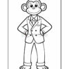 A cartoon monkey wearing a suit with a tie, standing with hands on its hips, smiling, and having bare feet.
