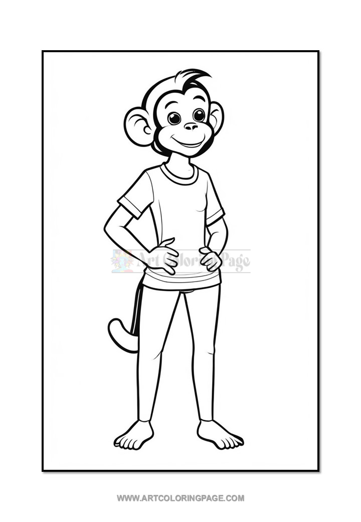 A cartoon monkey character standing with hands on its hips, wearing a t-shirt and pants, smiling and looking cheerful. It has large ears and a tail visible behind it, depicted in a black and white line drawing style.