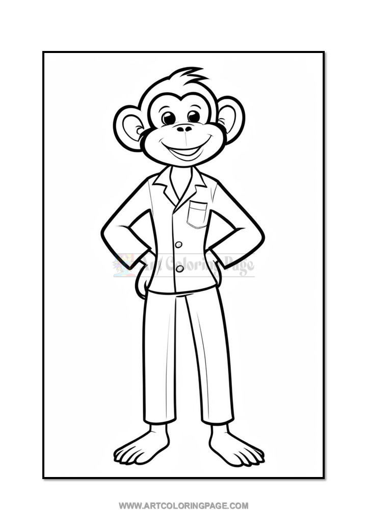 A cartoon monkey standing upright, wearing a button-up jacket and pants, with a cheerful expression and hands on its hips.
