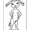 A cartoon goat character standing confidently with a cute smile, featuring short hair, large ears, and a tail, outlined for coloring.