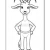 A cartoon goat character standing upright with hands on hips, featuring curved horns and a friendly expression, in a black and white outline suitable for coloring.