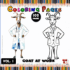 Two cartoon goats in lab coats, one colored and the other outlined for coloring. Title reads 