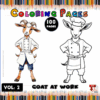 A cartoon goat in a chef's outfit on the left, next to a line art version of the same goat for coloring on the right, with colored pencils in the background.
