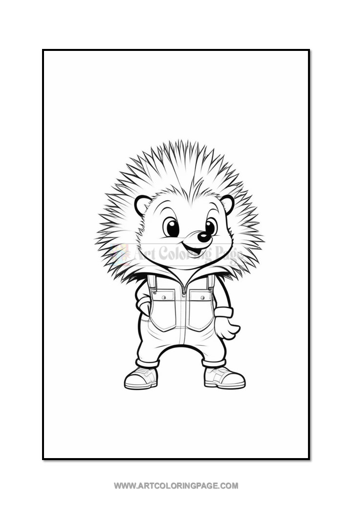 A cartoon hedgehog character with a spiky hairstyle, wearing a zip-up jacket and overalls, standing with hands on hips in a playful pose against a blank background.