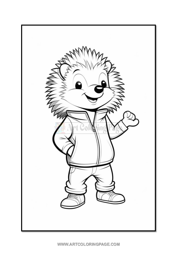 A cartoon hedgehog character wearing a zipped jacket and pants, standing confidently with one hand on its hip and a smile on its face, outlined for coloring.