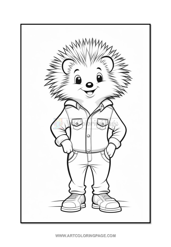 A cartoon hedgehog character stands smiling with hands on its hips, wearing a denim jacket over a shirt, long pants, and sneakers, set against a blank background.