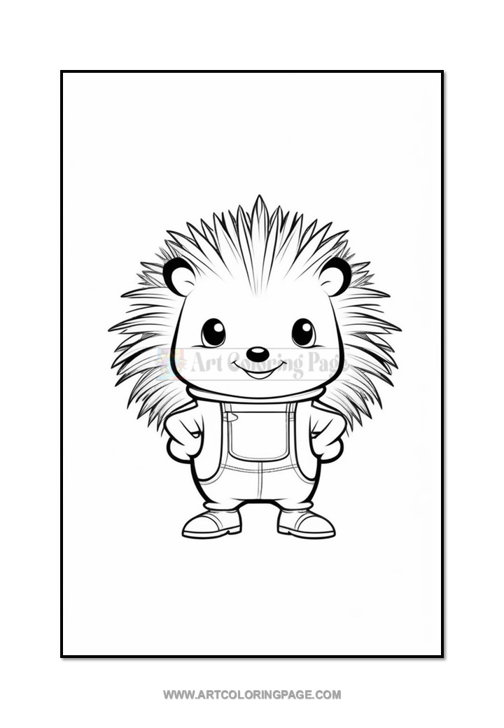 A cartoon hedgehog character with a large spiky back, wearing overalls and smiling confidently with its hands on its hips, set against a plain white background.