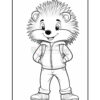 A cartoon hedgehog character wearing a zipped hoodie and jeans, standing confidently with hands in pockets, featuring spiky fur and a friendly smile, depicted in a coloring book style.