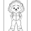 A cartoon hedgehog character with spiky hair, wearing a zip-up jacket and pants, standing with hands on hips and a friendly smile. The character has a casual outfit and is depicted in a line art style, suitable for coloring.