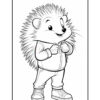 A cartoon hedgehog character stands confidently with hands on hips, wearing a hoodie and jeans, featuring a spiky fur texture on its back and a cheerful facial expression. The image is in black and white, suitable for coloring.