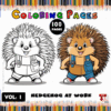 Two cartoon hedgehogs with distinct hairstyles, one with spiky fur and the other with rounded spikes, both wearing overalls. The background features colored pencils and text indicating 