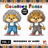 A coloring page featuring two cute hedgehogs, one with spiky gray fur and the other with fluffy brown fur, both wearing blue overalls.