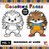 Coloring page featuring two cartoonish hedgehogs, one in black and white for coloring, the other colored, both wearing overalls.