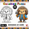 Two hedgehogs in suits, one outlined for coloring and the other colored, holding paintbrushes with a colorful background.
