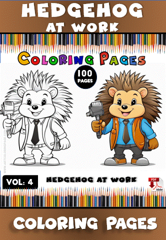 Two hedgehogs in suits, one outlined for coloring and the other colored, holding paintbrushes with a colorful background.