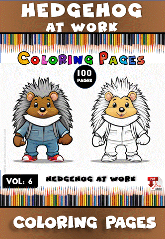 Two cartoon hedgehogs dressed in work outfits, with one holding a tool and the other wearing a cap, set against a colorful background of pencils.