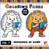 A cartoon hedgehog holding a tablet, shown in a color version and a black-and-white outline for coloring. Text includes 