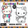 Hello Kitty coloring pages featuring two designs, one colorful and the other black and white, surrounded by colored pencils.