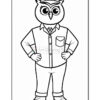 A cartoon owl character wearing a cap and a button-up shirt with a tie and pockets, standing with hands on hips in a confident pose, outlined for coloring. The character has large, expressive eyes and is dressed in a simple, friendly style.