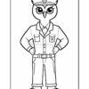 A cartoon owl character dressed in a police uniform with a badge, standing confidently with hands on its hips. The owl has large, expressive eyes and wears a cap with a badge. The background is plain.