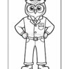 A cartoon owl character wearing a suit and tie, standing confidently with hands on hips, featuring a friendly expression and large eyes, drawn in a coloring book style.
