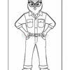 A cartoon owl character wearing a police uniform with a shirt, pants, and a cap, standing with hands on hips in a confident pose. The design is outlined for coloring, highlighting features like glasses and a badge on the cap.