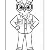 A cartoon owl character standing confidently with hands on hips, wearing a button-up shirt with pockets and casual pants. The character has large expressive eyes and a friendly demeanor, outlined in black and suitable for coloring.