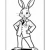 A cartoon rabbit in a suit, standing confidently with one hand on its hip and a broad smile, featuring large ears and whiskers, in a black and white coloring page style.