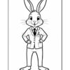 A cartoon rabbit standing confidently with its hands on its hips, wearing a formal suit and tie, featuring long ears, a rounded face with whiskers, and paws for feet, set against a blank background suitable for coloring.