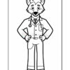 A cartoon fox dressed as a doctor stands confidently with hands on hips, wearing a lab coat, stethoscope around the neck, and a tie, depicted in a line-drawing coloring book style.