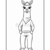A cartoon llama wearing a sweater and jeans, standing upright with hands on its hips and a friendly expression.